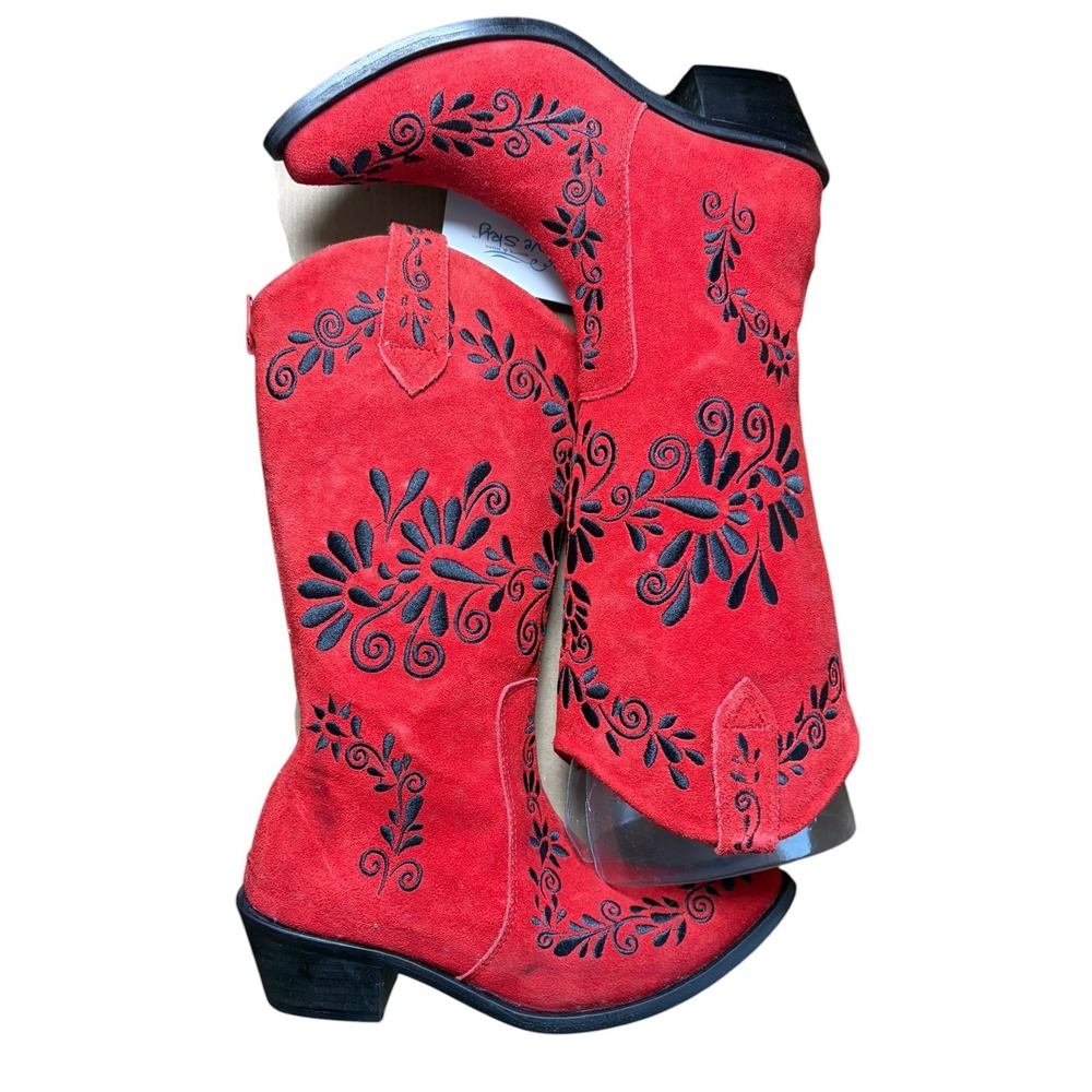 Agave Sky Charro Jasmine Red Suede Black Floral Embroidered Western Boots Size 6